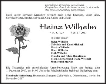 Traueranzeige von Heinz Wilhelm von Südthüringer Presse