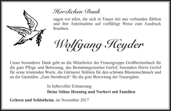 Traueranzeige von Wolfgang Heyder von Südthüringer Presse