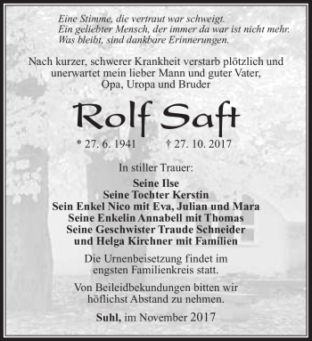 Traueranzeige von Rolf Saft von Südthüringer Presse
