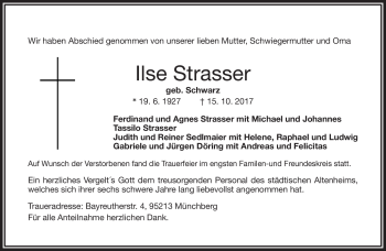 Traueranzeige von Ilse Strasser von Frankenpost