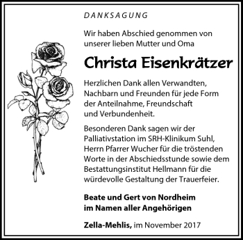 Traueranzeige von Christa Eisenkrätzer von Südthüringer Presse
