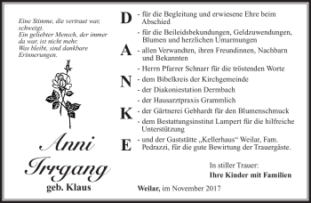 Traueranzeige von Anni Irrgang von Südthüringer Presse