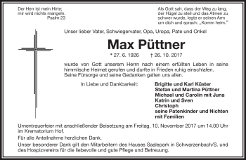 Traueranzeige von Max Püttner von Frankenpost