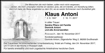 Traueranzeige von Klaus Antoni von Neue Presse Coburg