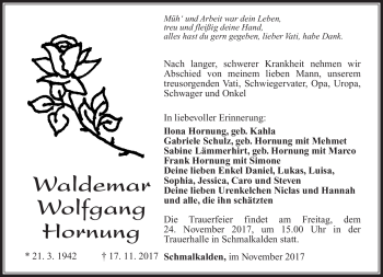Traueranzeige von Waldemar Wolgang Hornung von Südthüringer Presse