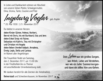Traueranzeige von Ingeburg Vogler von Südthüringer Presse