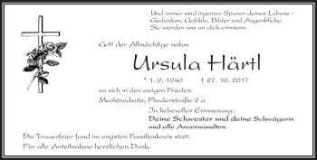 Traueranzeige von Ursula Härtl von Frankenpost