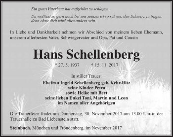 Traueranzeige von Hans Schellenberg von Südthüringer Presse