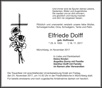 Traueranzeige von Elfriede Dolff von Frankenpost