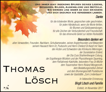 Traueranzeige von Thomas Lösch von Südthüringer Presse