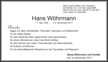 Traueranzeige von Hans Wöhrmann von Frankenpost