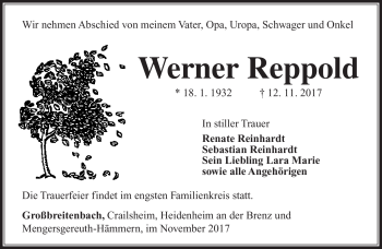Traueranzeige von Werner Reppold von Südthüringer Presse