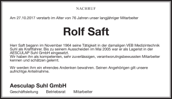 Traueranzeige von Rolf Saft von Südthüringer Presse