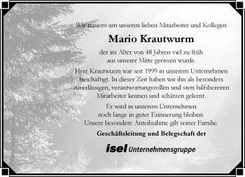 Traueranzeige von Mario Krautwurm von Südthüringer Presse