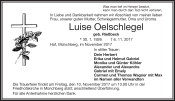 Traueranzeige von Luise Oelschlegel von Frankenpost