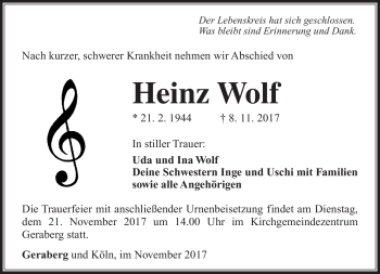 Traueranzeige von Heinz Wolf von Südthüringer Presse