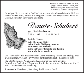 Traueranzeige von Renate Schubert von Südthüringer Presse