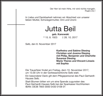 Traueranzeige von Jutta Beil von Frankenpost