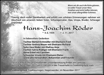 Traueranzeige von Hans-Joachim Röder von Südthüringer Presse