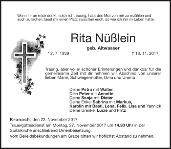 Traueranzeige von Rita Nüßlein von Neue Presse Coburg