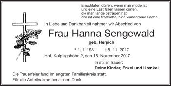 Traueranzeige von Hanna Sengewald von Frankenpost