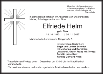 Traueranzeige von Elfriede Helm von Frankenpost