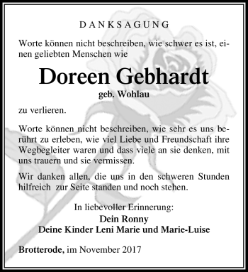 Traueranzeige von Doreen Gebhardt von Südthüringer Presse