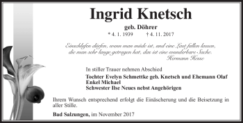 Traueranzeige von Ingrid Knetsch von Südthüringer Presse