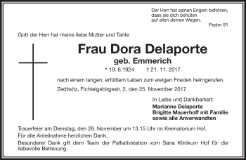 Traueranzeige von Dora Delaporte von Frankenpost