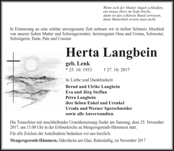 Traueranzeige von Herta Langbein von Südthüringer Presse