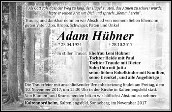 Traueranzeige von Adam Hübner von Südthüringer Presse