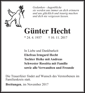 Traueranzeige von Günter Hecht von Südthüringer Presse