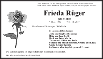 Traueranzeige von Frieda Rüger von Südthüringer Presse