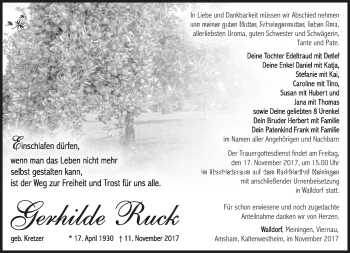 Traueranzeige von Gerhilde Ruck von Südthüringer Presse