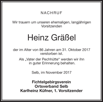 Traueranzeige von Heinz Gräßel von Frankenpost