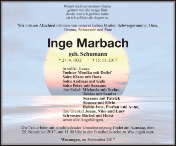 Traueranzeige von Inge Marbach von Südthüringer Presse