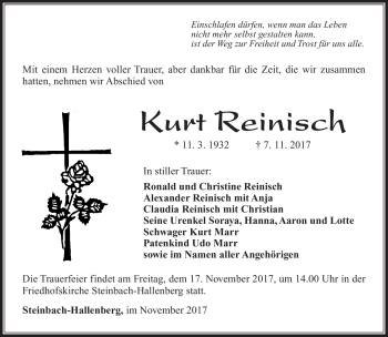 Traueranzeige von Kurt Reinisch von Südthüringer Presse