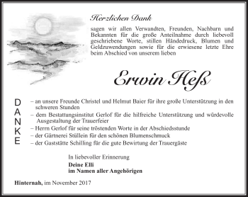 Traueranzeige von Erwin Heß von Südthüringer Presse