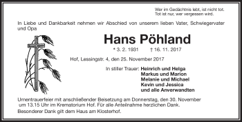 Traueranzeige von Hans Pöhland von Frankenpost