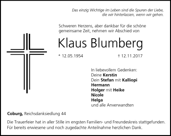 Traueranzeige von Klaus Blumberg von Neue Presse Coburg