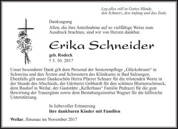 Traueranzeige von Erika Schneider von Südthüringer Presse