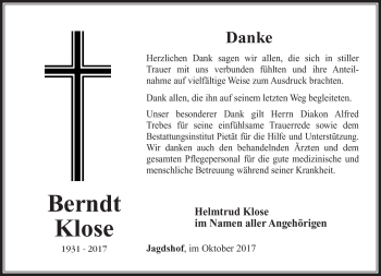 Traueranzeige von Berndt Klose von Südthüringer Presse