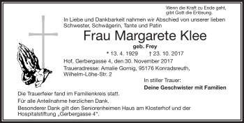 Traueranzeige von Margarete Klee von Frankenpost