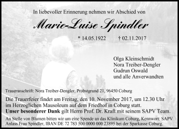 Traueranzeige von Marie-Luise Spindler von Neue Presse Coburg