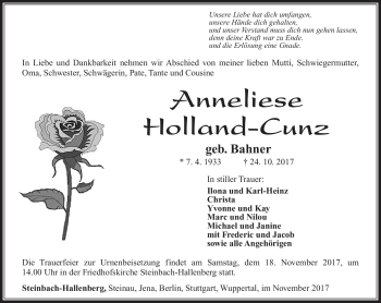 Traueranzeige von Anneliese Holland-Cunz von Südthüringer Presse
