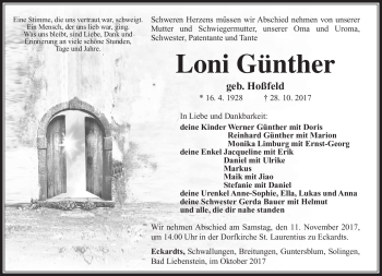 Traueranzeige von Loni Günther von Südthüringer Presse