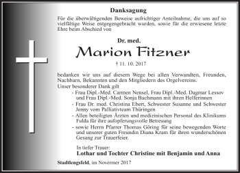 Traueranzeige von Marion Fitzner von Südthüringer Presse