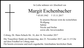Traueranzeige von Margit Eschenbacher von Neue Presse Coburg