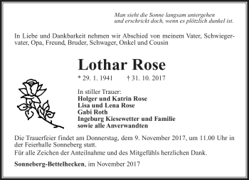 Traueranzeige von Lothar Rose von Südthüringer Presse