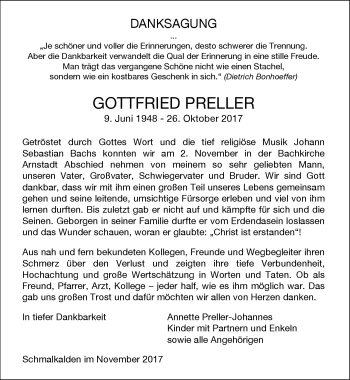 Traueranzeige von Gottfried Preller von Südthüringer Presse